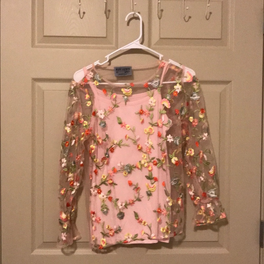 Pink tank top with sheer flower pattern shirt